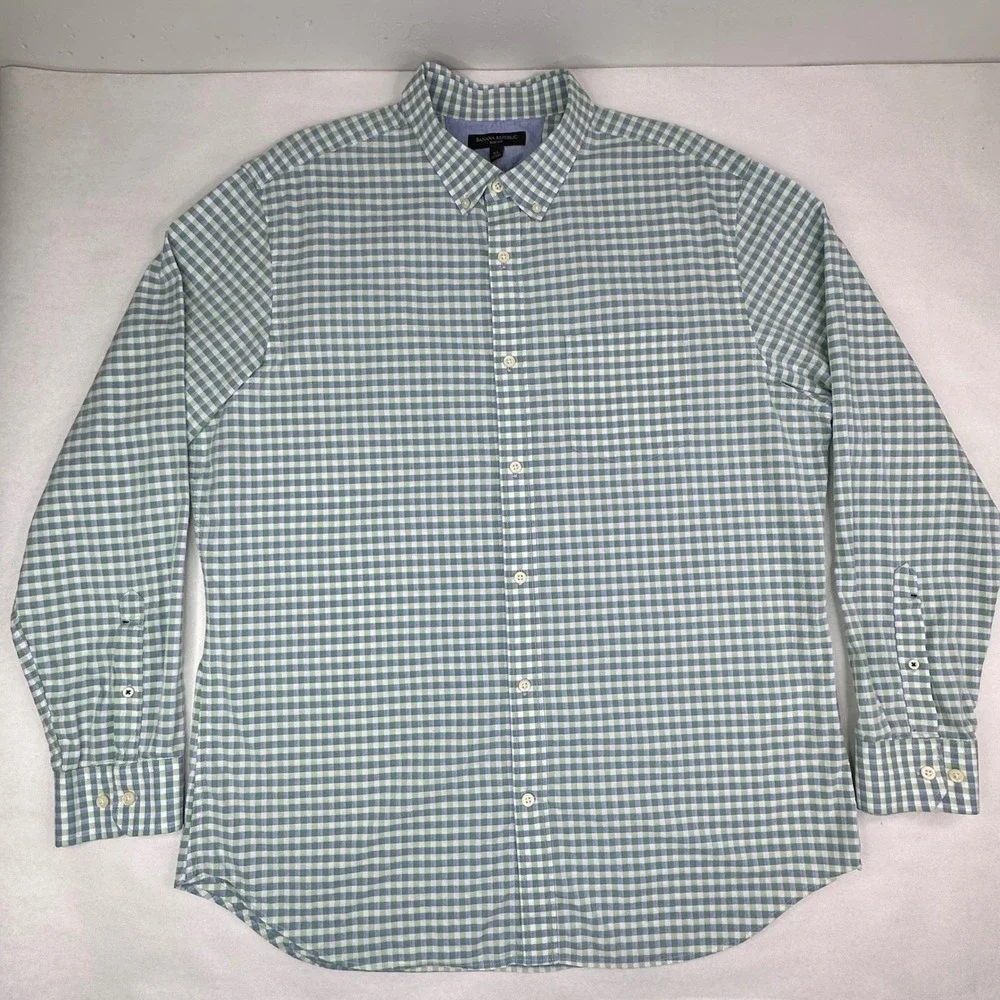 Banana Republic Mens XL Slim Fit Gingham Button Down Shirt‎ Green White Cotton
